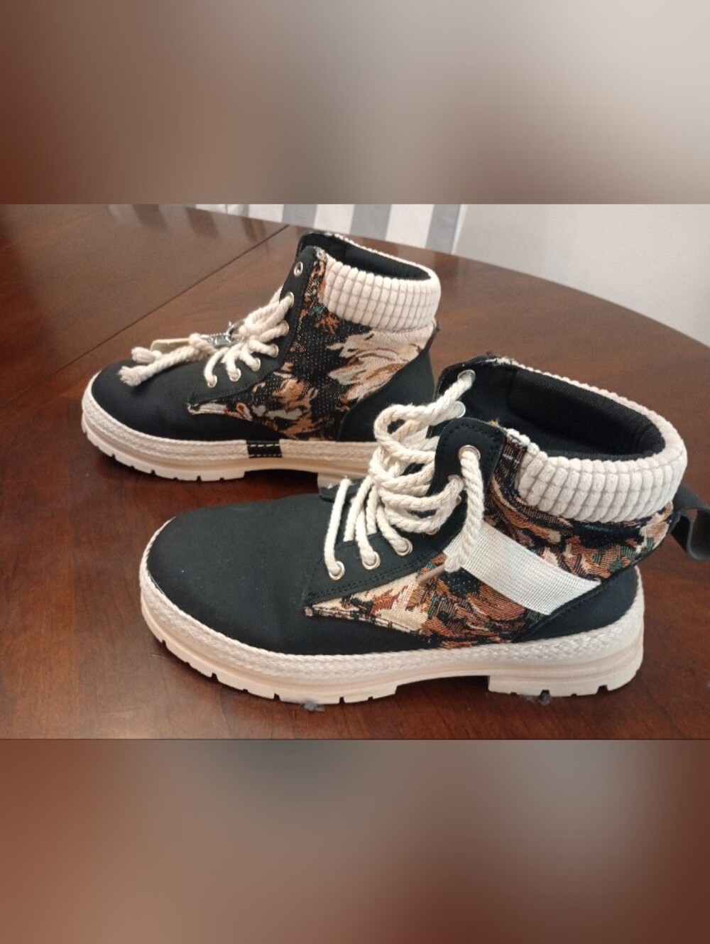 Textured Floral High-Top Boots in Black and Cream